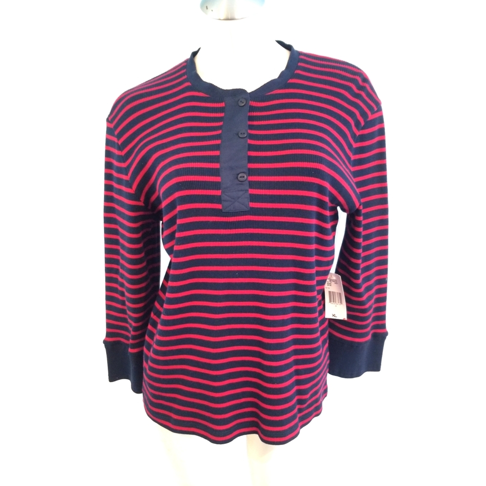 Worn twice!Ralph Lauren Navy and Red Striped Henley Top